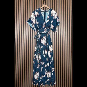 Yumi Kim Dress Small Womens Blue Kimono Belted Maxi Floral Lined Henley